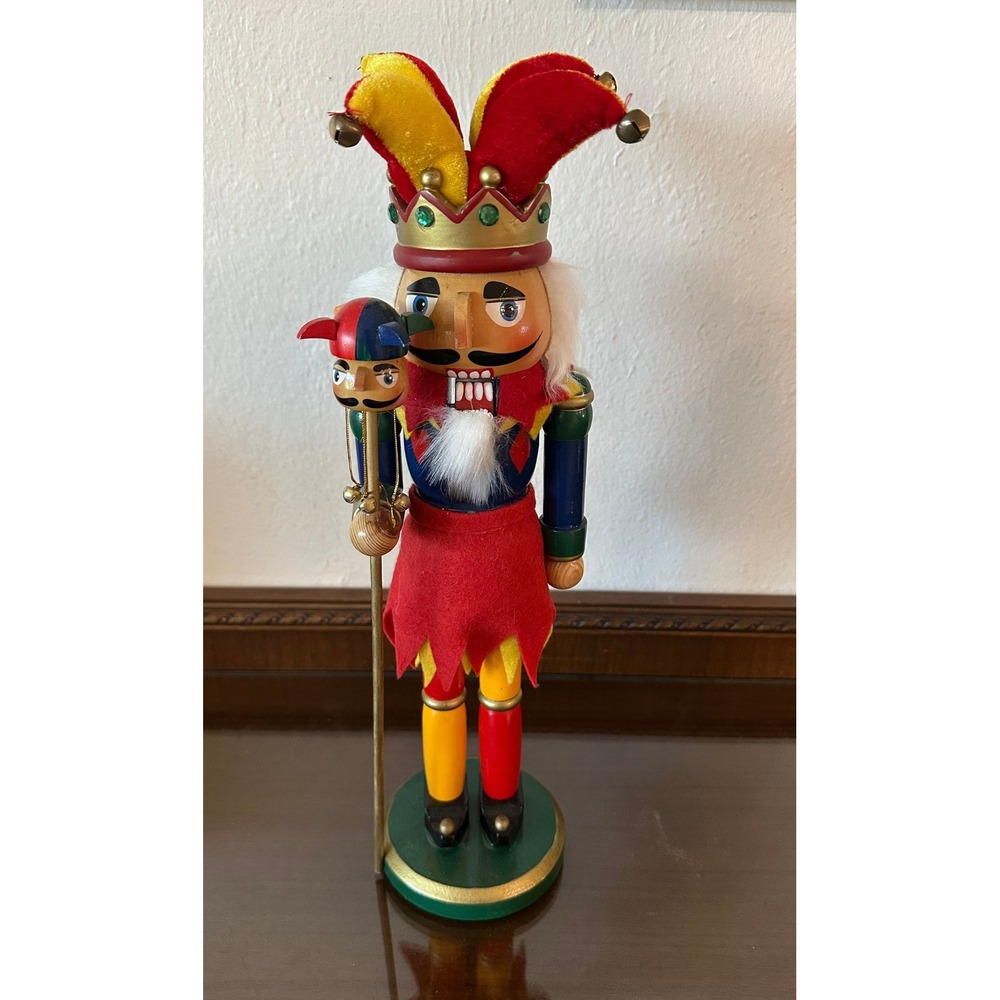 Vintage Wooden Jester Nutcracker 15 Inch Harlequin Court Fool Christmas Decor - Picture 2 of 6